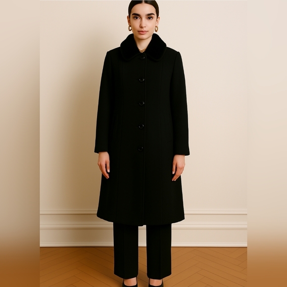 Larry Levine Wool coat size 12 Black with Fur Trim Collar - Picture 1 of 15